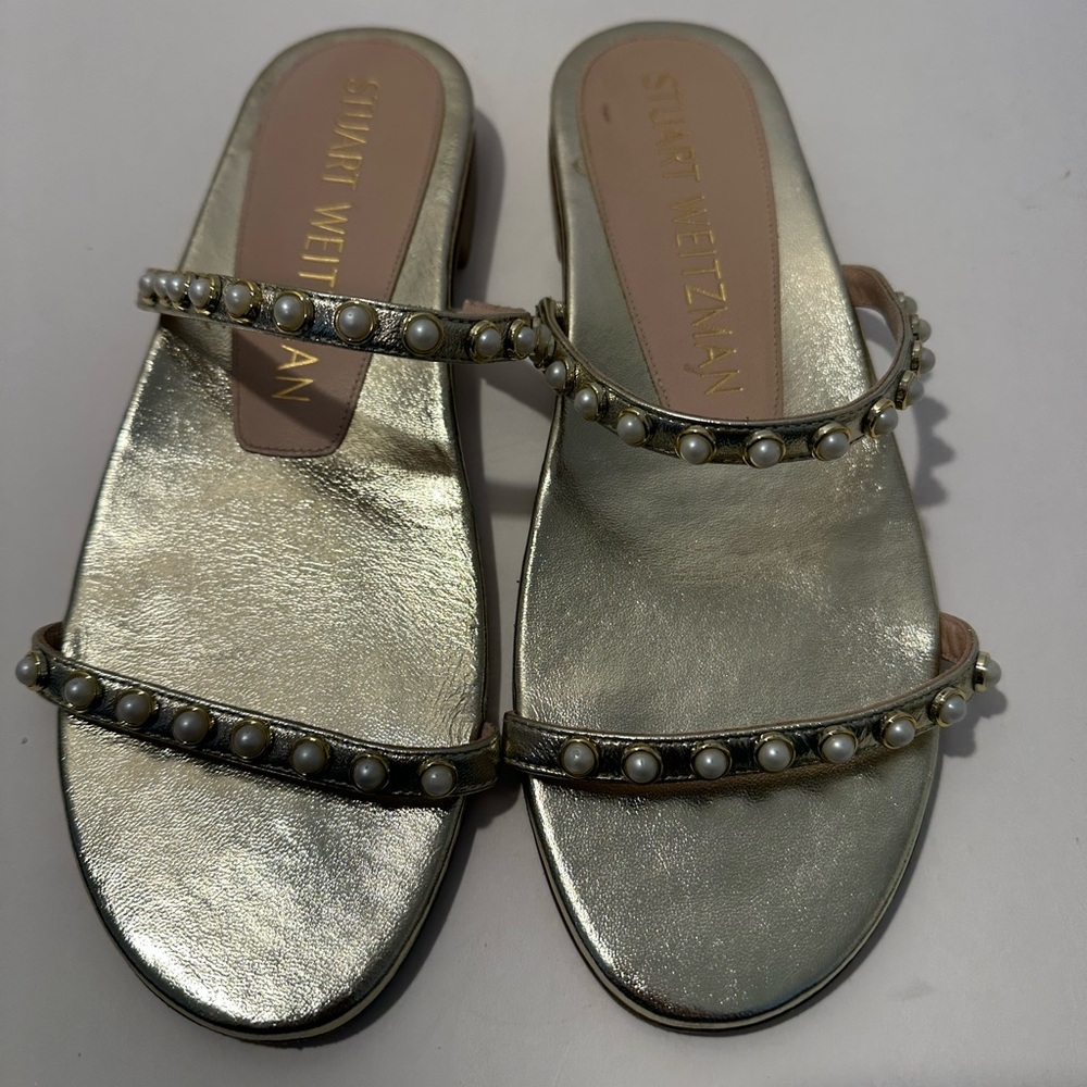 Stuart Weitzman Ameliese Pearl Leather Metallic Embellished Sandal Slide Sz 6.5